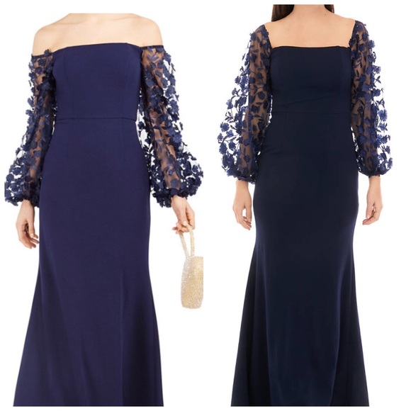 NWOT Eliza J 3 D Floral Sleeve Scuba Crepe Gown Navy Size 18 - Picture 2 of 13